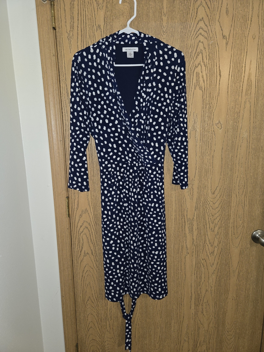 Liz Claiborne Navy Polka Dot Faux Wrap Midi Dress